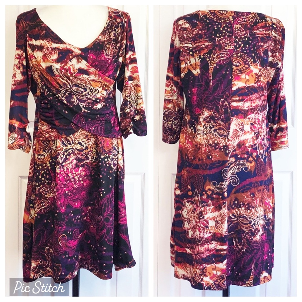 NY Collection Colorful Abstract Print Faux Wrap Fit & Flare Dress Large